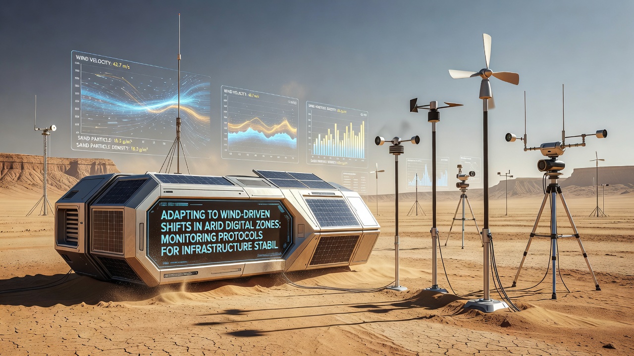 Field technicians installing wind and sand monitoring sensors on arid infrastructure site with digital relay stations visible in background