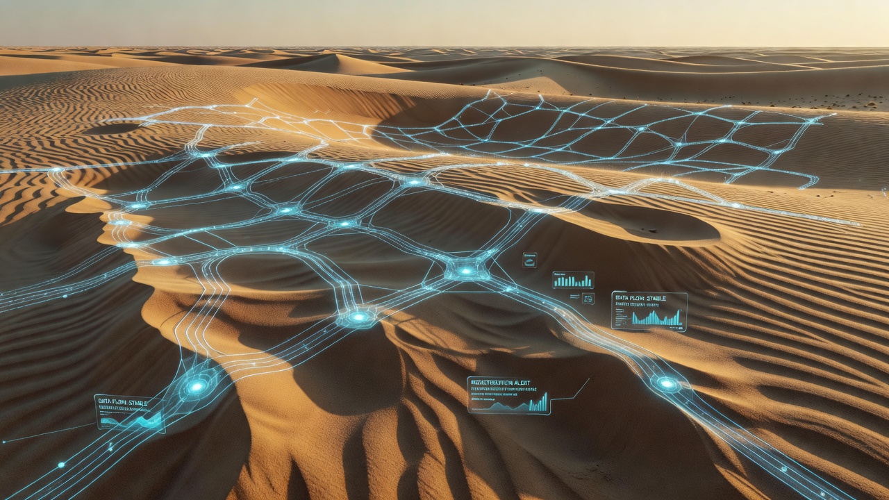 Technicians inspecting exposed data cables amid shifting sand dunes in a dynamic network terrain